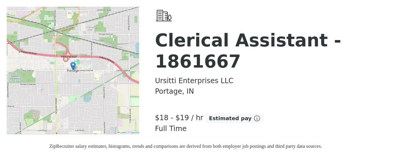Ursitti Enterprises LLC job posting for a Clerical Assistant - 1861667 in Portage, IN with a salary of $19 to $20 Hourly with a map of Portage location.