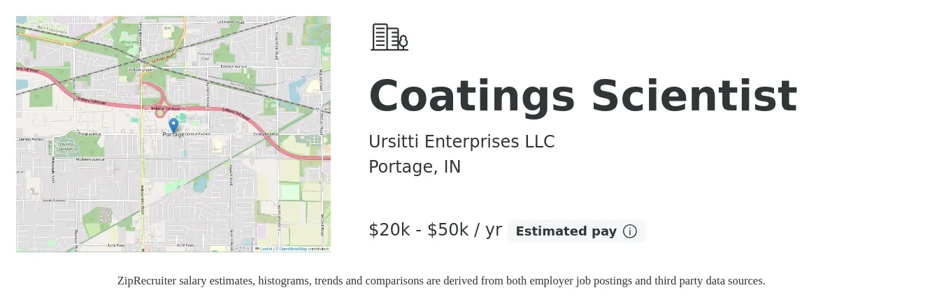 Ursitti Enterprises LLC job posting for a Coatings Scientist in Portage, IN with a salary of $20,000 to $50,000 Yearly with a map of Portage location.