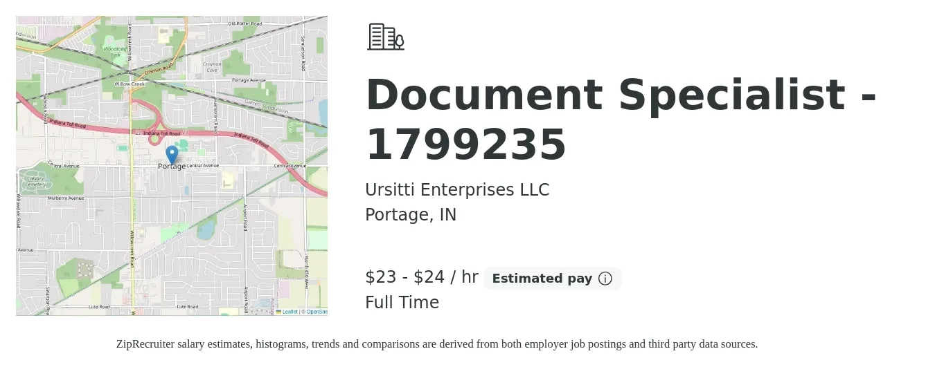 Ursitti Enterprises LLC job posting for a Document Specialist - 1799235 in Portage, IN with a salary of $24 to $25 Hourly with a map of Portage location.