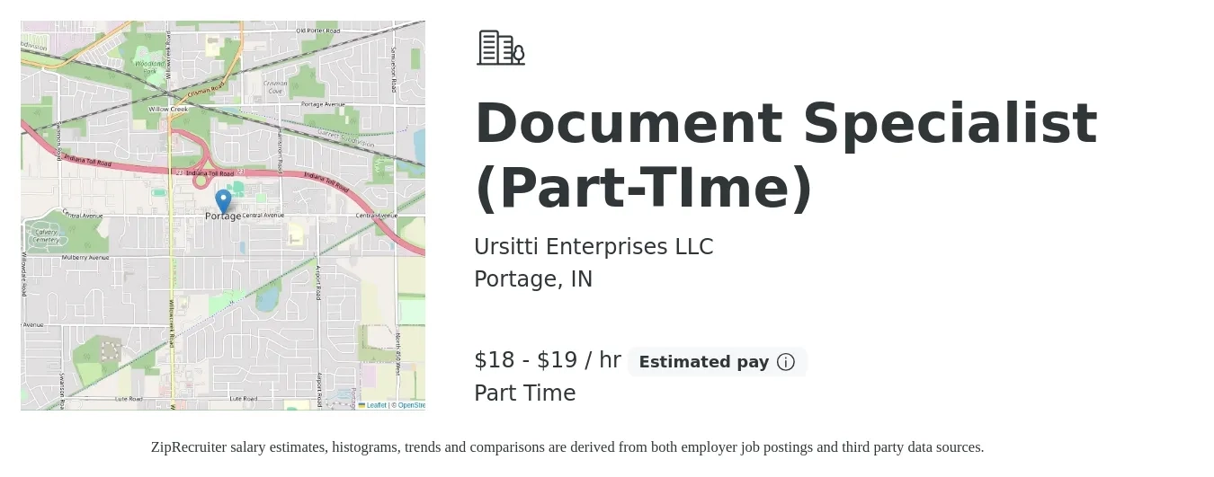 Ursitti Enterprises LLC job posting for a Document Specialist (Part-TIme) in Portage, IN with a salary of $19 to $20 Hourly with a map of Portage location.