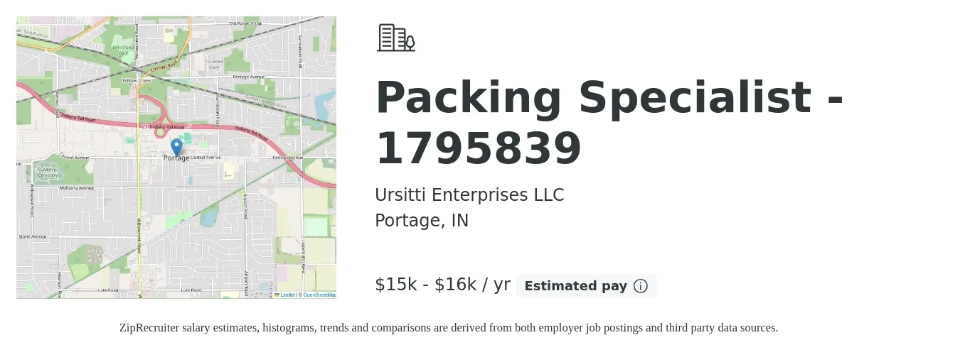 Ursitti Enterprises LLC job posting for a Packing Specialist - 1795839 in Portage, IN with a salary of $15,000 to $16,000 Yearly with a map of Portage location.