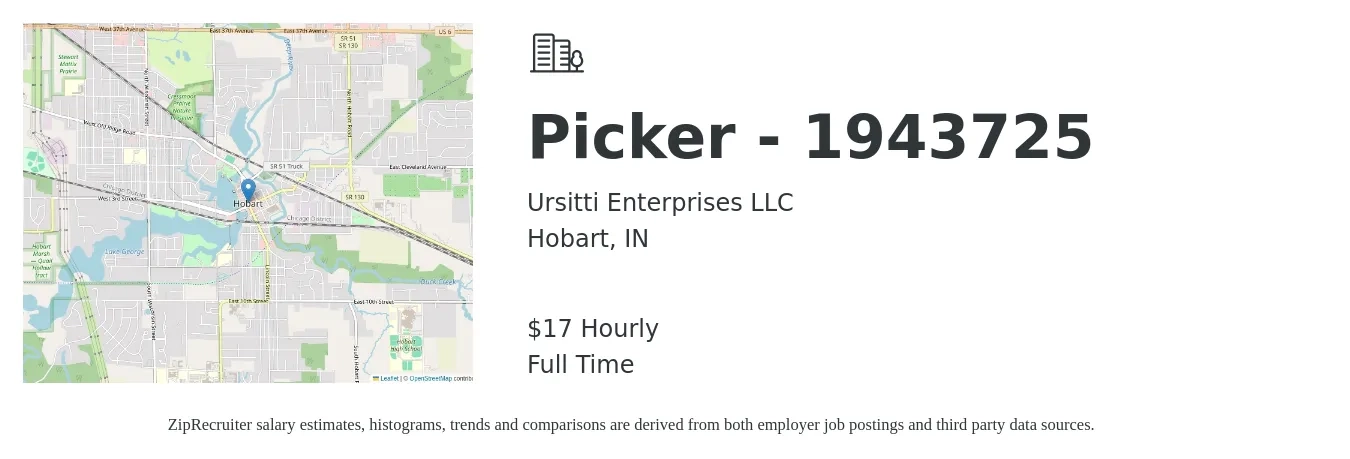 Ursitti Enterprises LLC job posting for a Picker - 1943725 in Hobart, IN with a salary of $18 Hourly with a map of Hobart location.