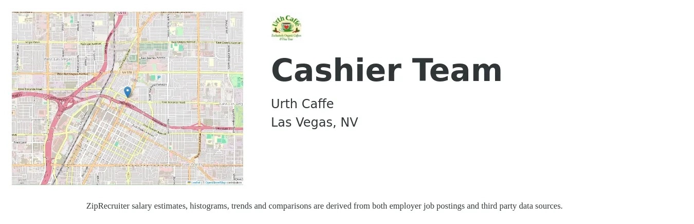 Urth Caffe job posting for a Cashier Team in Las Vegas, NV with a salary of $11 to $15 Hourly with a map of Las Vegas location.