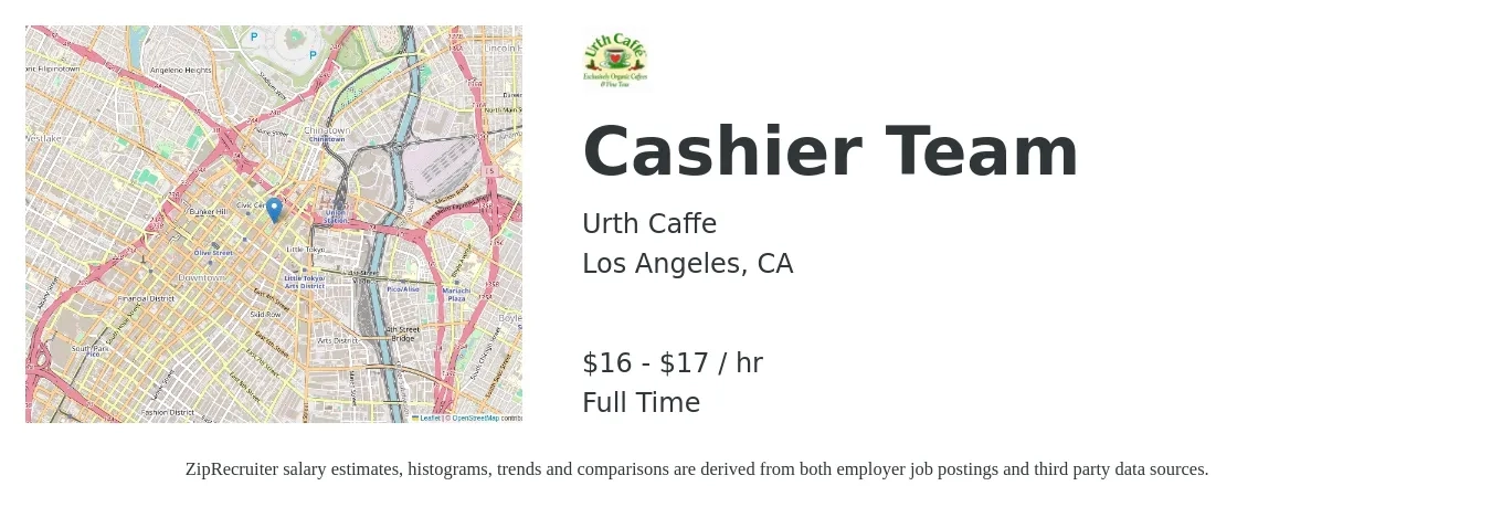 Urth Caffe job posting for a Cashier Team in Los Angeles, CA with a salary of $17 to $18 Hourly with a map of Los Angeles location.