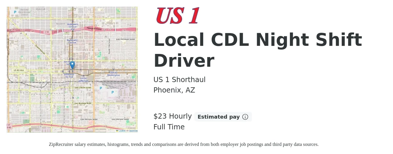 US 1 Shorthaul job posting for a Local CDL Night Shift Driver in Phoenix, AZ with a salary of $24 Hourly with a map of Phoenix location.