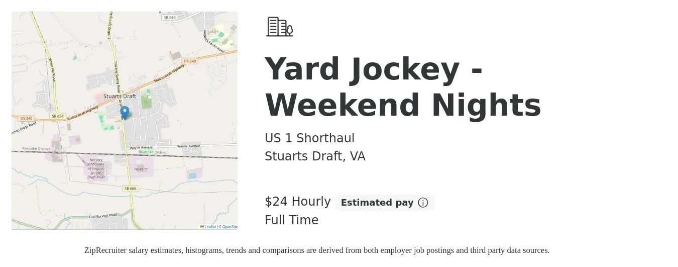 US 1 Shorthaul job posting for a Yard Jockey - Weekend Nights in Stuarts Draft, VA with a salary of $26 Hourly with a map of Stuarts Draft location.