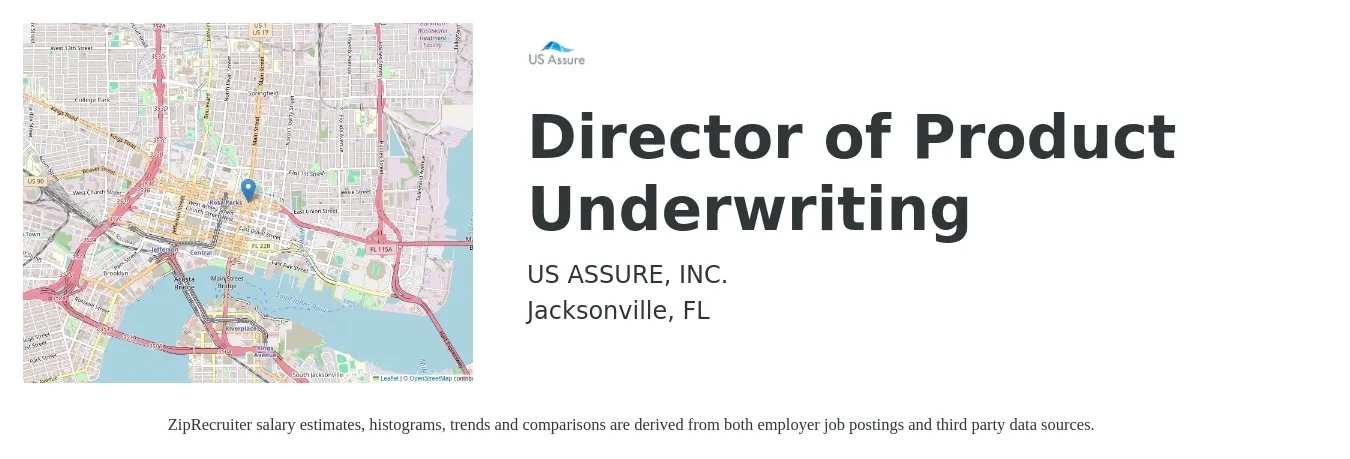 US Assure job posting for a Director of Product Underwriting in Jacksonville, FL with a salary of $92,700 to $156,100 Yearly with a map of Jacksonville location.