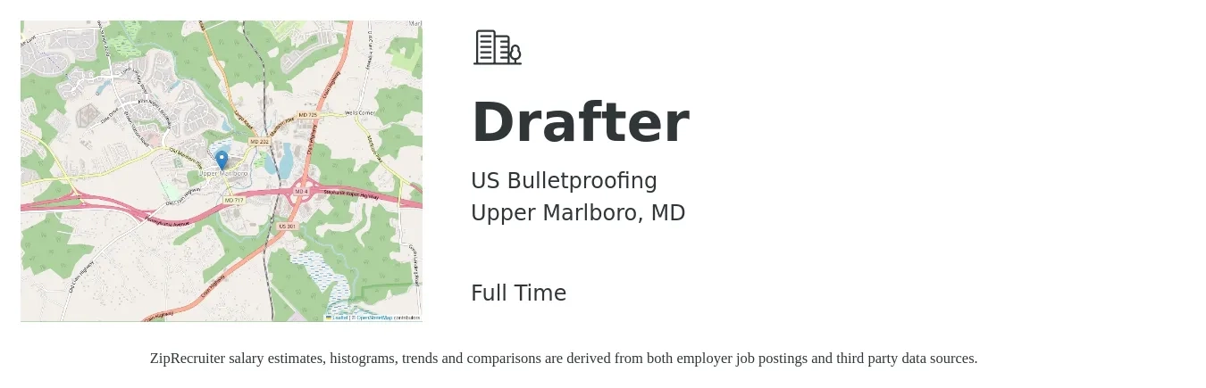 US Bulletproofing job posting for a Drafter in Upper Marlboro, MD with a salary of $22 to $32 Hourly with a map of Upper Marlboro location.