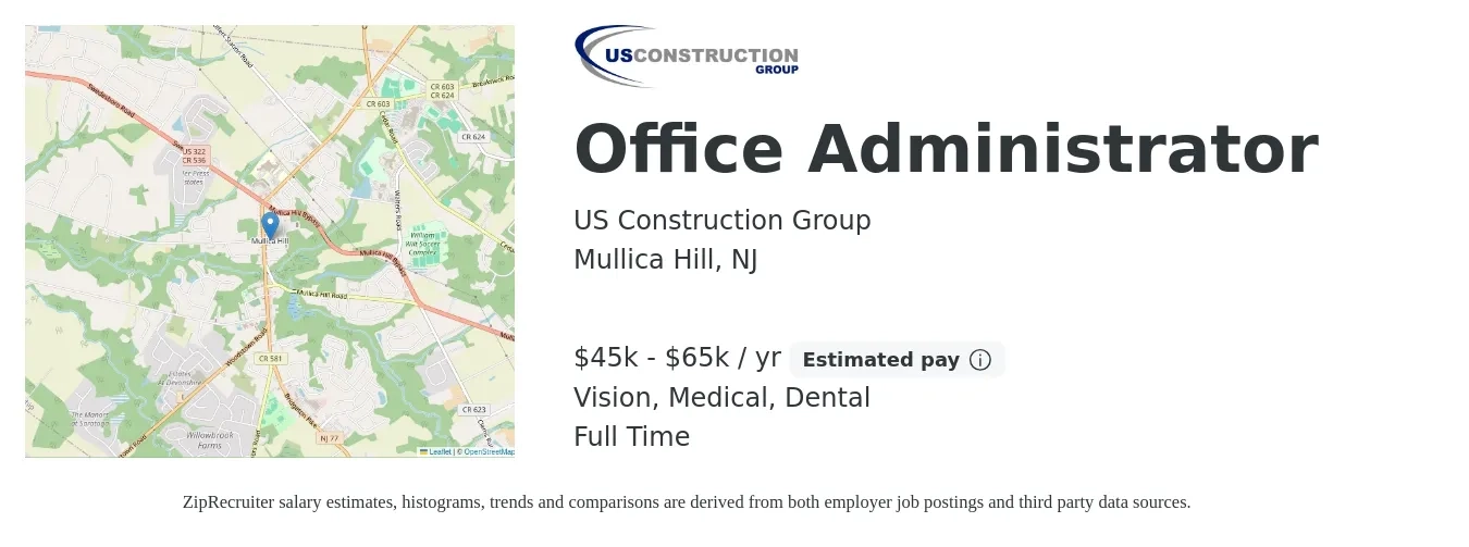 US Construction Group job posting for a Office Administrator in Mullica Hill, NJ with a salary of $45,000 to $65,000 Yearly and benefits including medical, retirement, vision, and dental with a map of Mullica Hill location.