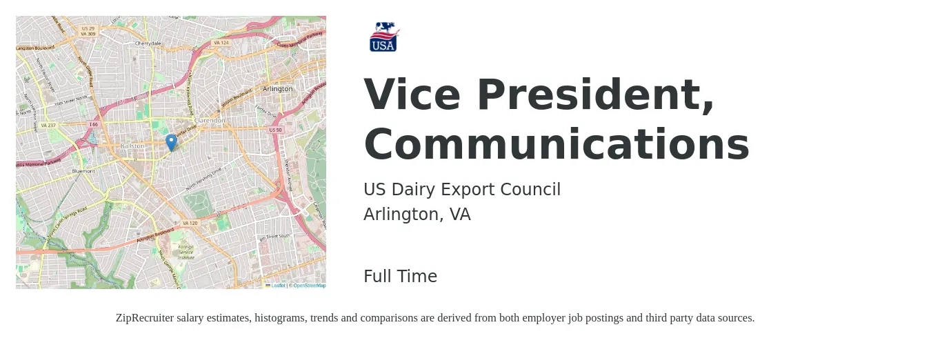 US Dairy Export Council job posting for a Vice President, Communications in Arlington, VA with a salary of $143,500 to $233,300 Yearly with a map of Arlington location.
