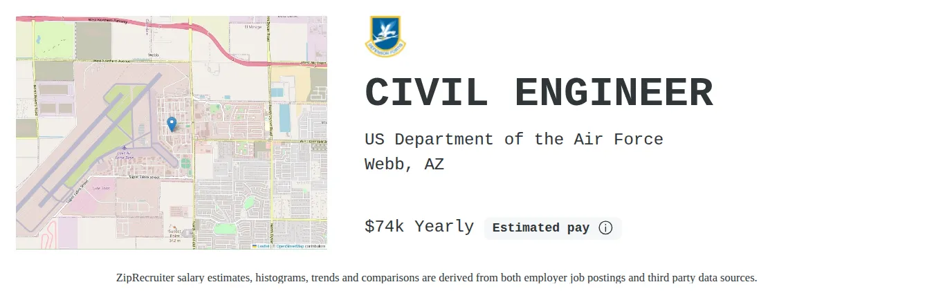 US Department of the Air Force job posting for a CIVIL ENGINEER in Luke Air Force Base, AZ with a salary of $74,678 Annually with a map of Luke Air Force Base location.