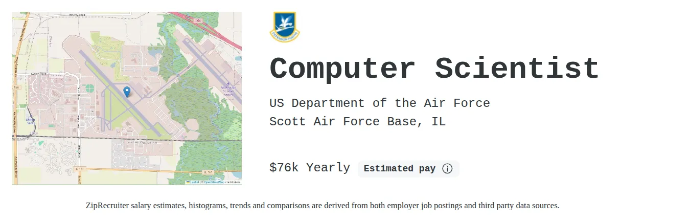 US Department of the Air Force job posting for a Computer Scientist in Scott Air Force Base, IL with a salary of $76,463 Annually with a map of Scott Air Force Base location.