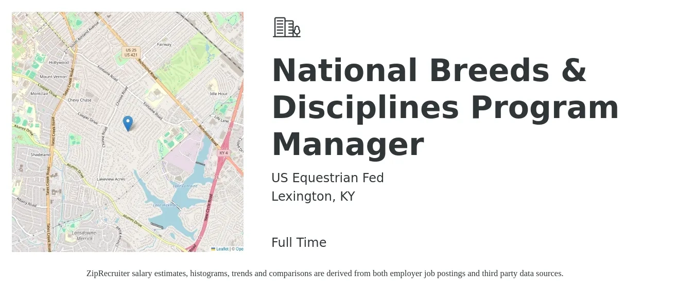 US Equestrian Fed job posting for a National Breeds & Disciplines Program Manager in Lexington, KY with a salary of $49,800 to $71,700 Yearly with a map of Lexington location.