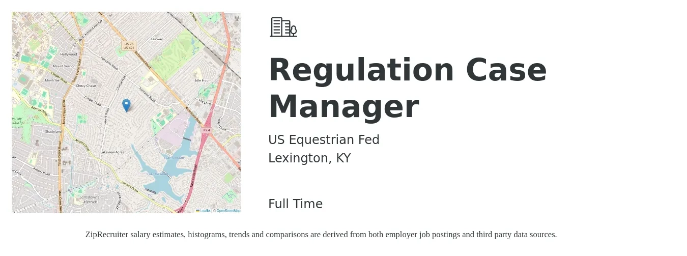 US Equestrian Fed job posting for a Regulation Case Manager in Lexington, KY with a salary of $17 to $24 Hourly with a map of Lexington location.
