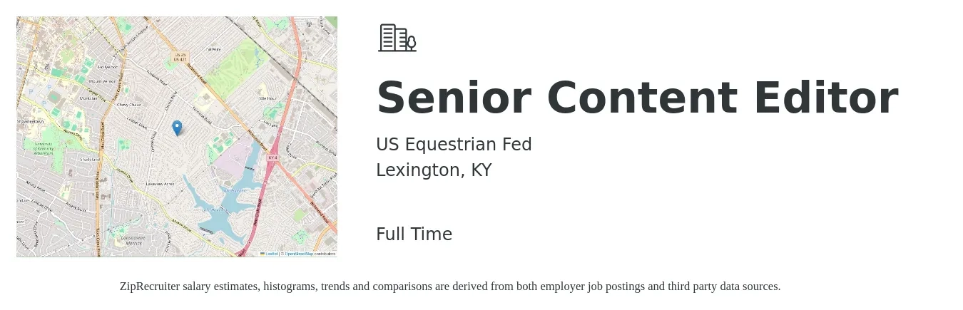 US Equestrian Fed job posting for a Senior Content Editor in Lexington, KY with a salary of $24 to $37 Hourly with a map of Lexington location.