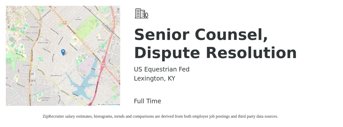 US Equestrian Fed job posting for a Senior Counsel, Dispute Resolution in Lexington, KY with a salary of $119,800 to $162,800 Yearly with a map of Lexington location.