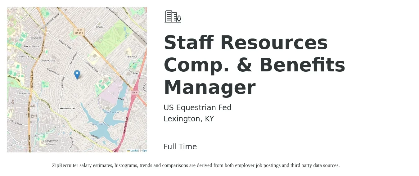 US Equestrian Fed job posting for a Staff Resources Comp. & Benefits Manager in Lexington, KY with a salary of $15 to $34 Hourly with a map of Lexington location.