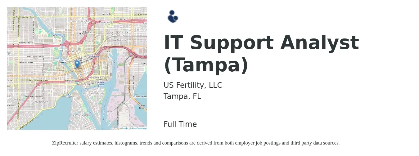 US Fertility, LLC job posting for a IT Support Analyst (Tampa) in Tampa, FL with a salary of $22 to $31 Hourly with a map of Tampa location.
