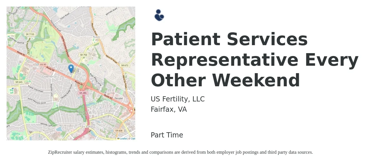 US Fertility, LLC job posting for a Patient Services Representative Every Other Weekend in Fairfax, VA with a salary of $18 to $23 Hourly with a map of Fairfax location.