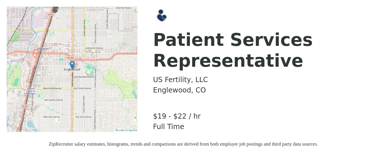 US Fertility, LLC job posting for a Patient Services Representative in Englewood, CO with a salary of $20 to $23 Hourly with a map of Englewood location.