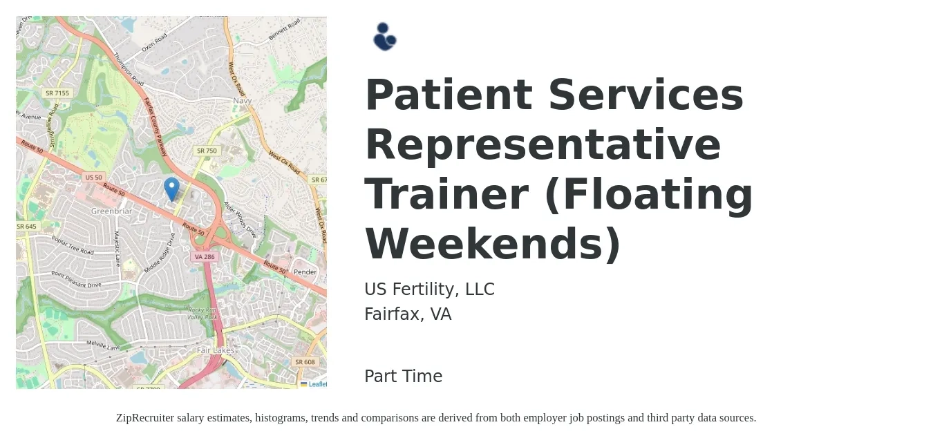 US Fertility, LLC job posting for a Patient Services Representative Trainer (Floating Weekends) in Fairfax, VA with a salary of $18 to $23 Hourly with a map of Fairfax location.