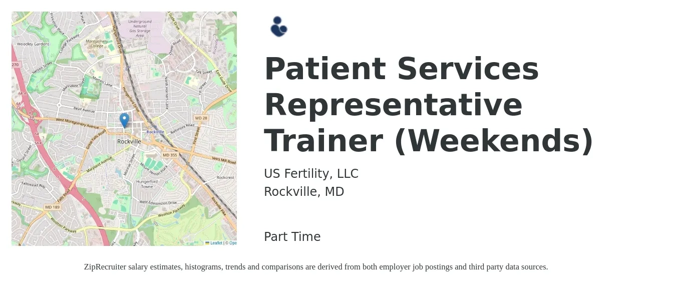 US Fertility, LLC job posting for a Patient Services Representative Trainer (Weekends) in Rockville, MD with a salary of $18 to $23 Hourly with a map of Rockville location.