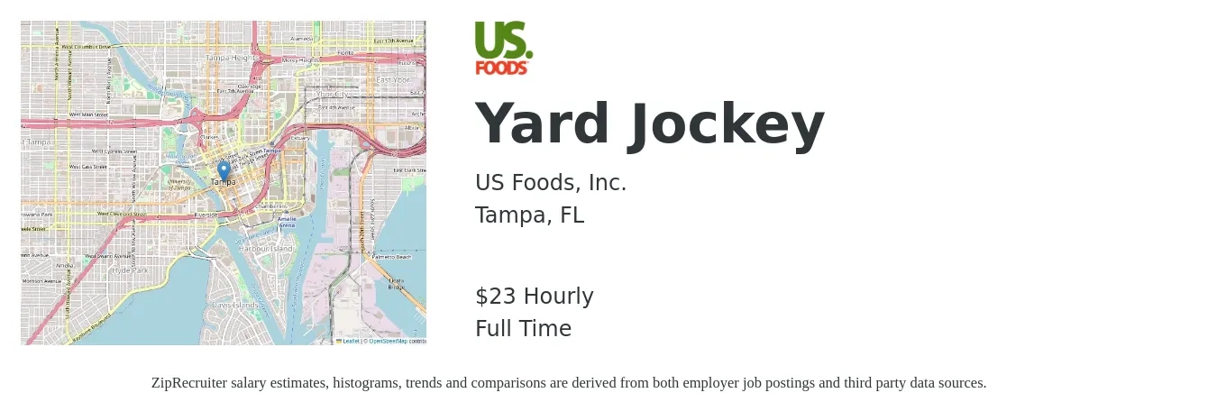 US Foods, Inc. job posting for a Yard Jockey in Tampa, FL with a salary of $25 Hourly with a map of Tampa location.