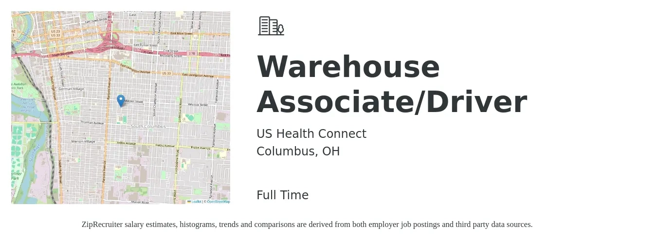 US Health Connect job posting for a Warehouse Associate/Driver in Columbus, OH with a salary of $16 to $19 Hourly with a map of Columbus location.