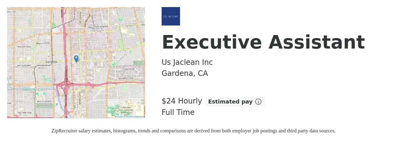 Us Jaclean Inc job posting for a Executive Assistant in Gardena, CA with a salary of $25 Hourly with a map of Gardena location.
