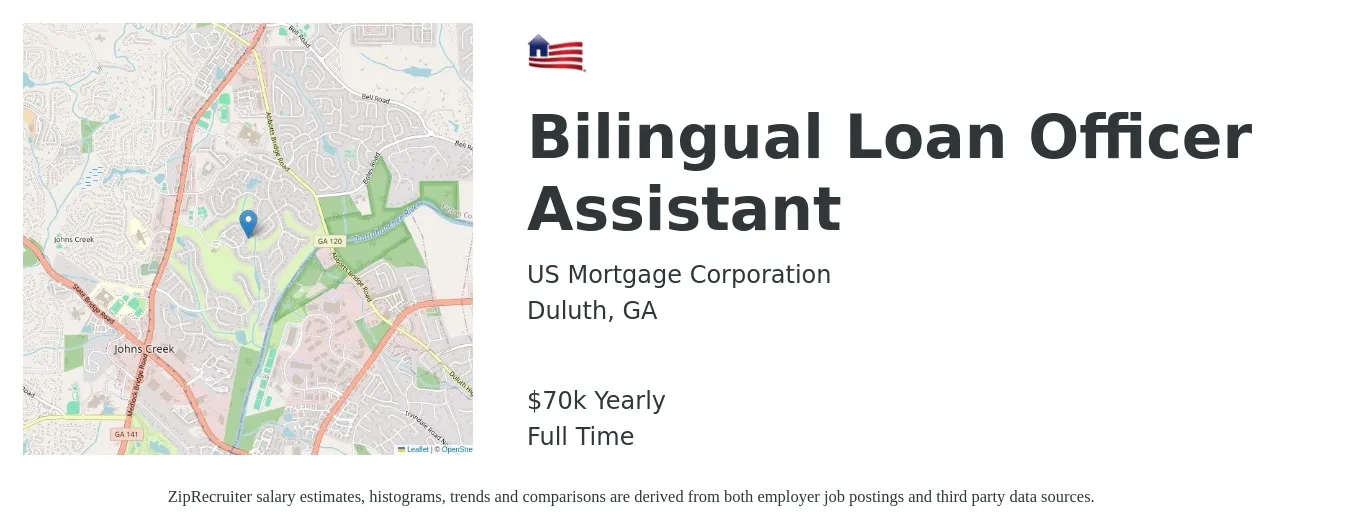 US Mortgage Corporation job posting for a Bilingual Loan Officer Assistant in Duluth, GA with a salary of $70,000 Yearly with a map of Duluth location.