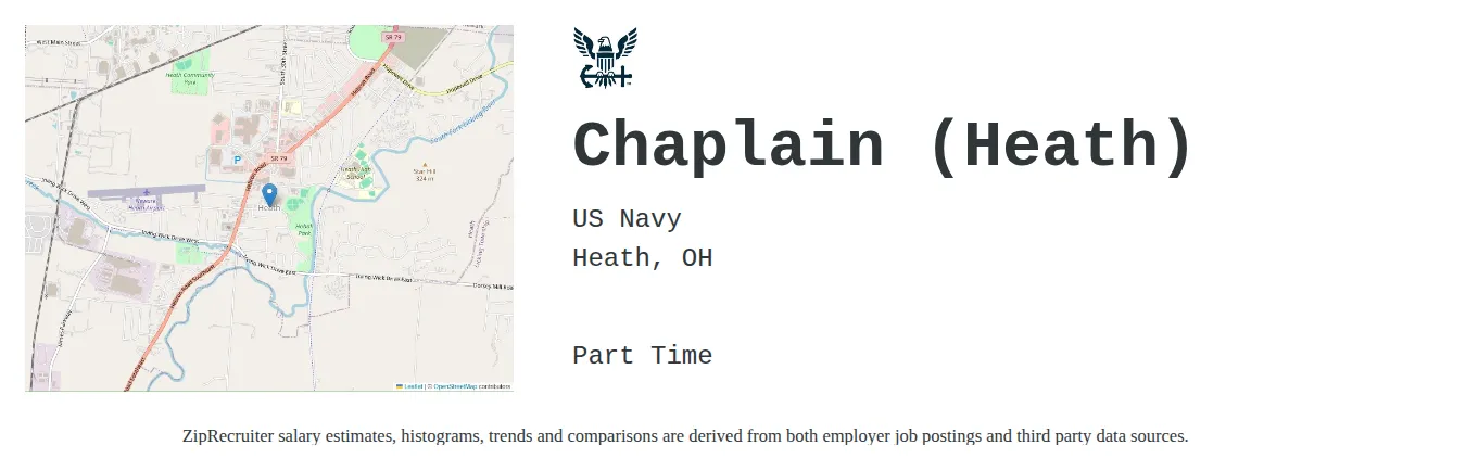 US Navy job posting for a Chaplain (Heath) in Heath, OH with a salary of $44,600 to $73,500 Annually and benefits including Medical, Vision, Dental, and Retirement with a map of Heath location.