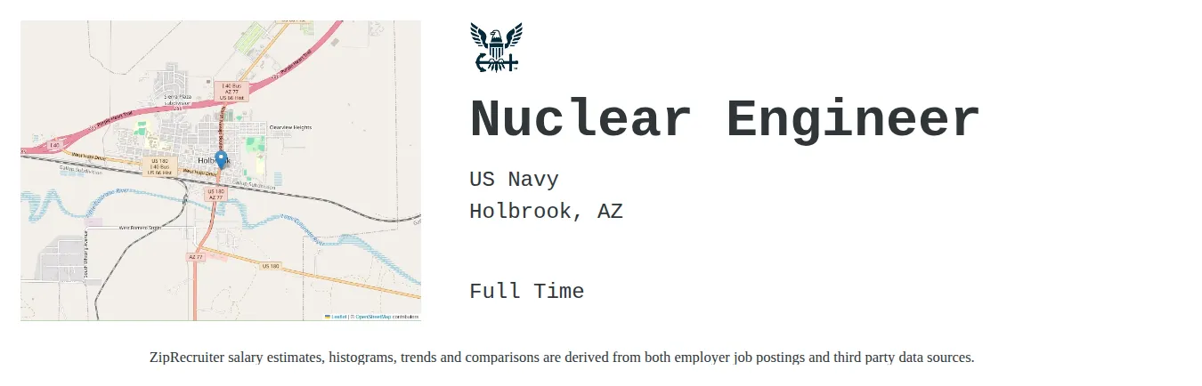 US Navy job posting for a Nuclear Engineer in Holbrook, AZ with a salary of $84,200 to $100,800 Annually and benefits including Medical, Vision, Dental, and Retirement with a map of Holbrook location.