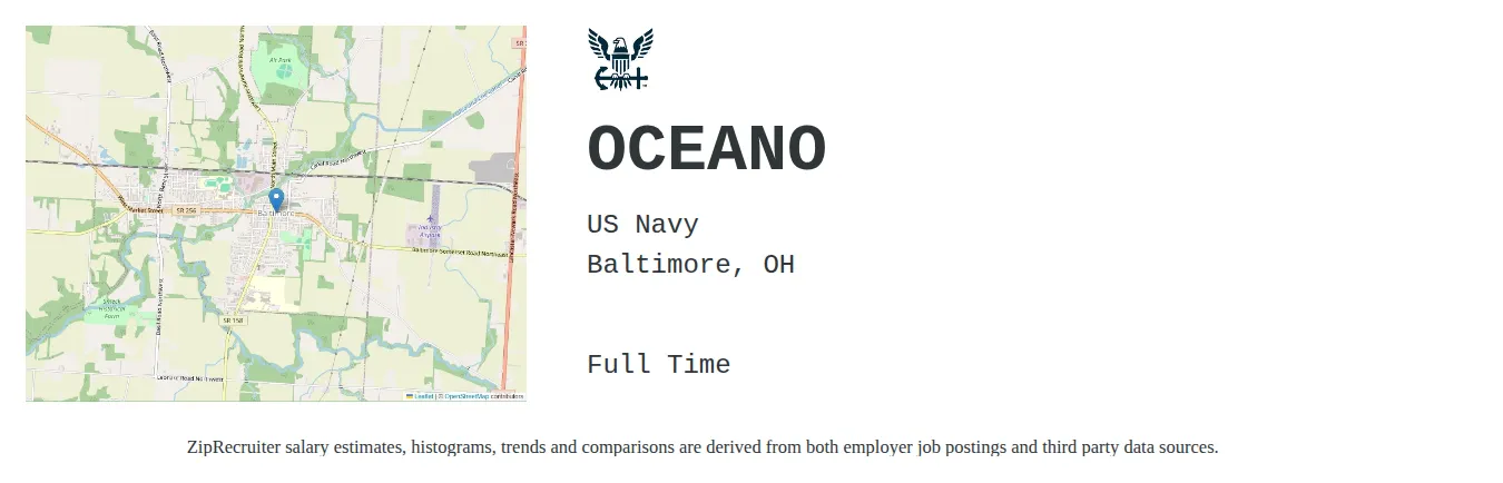 US Navy job posting for a OCEANO in Baltimore, OH with a salary of $65,300 to $120,600 Annually and benefits including Medical, Vision, Dental, and Retirement with a map of Baltimore location.
