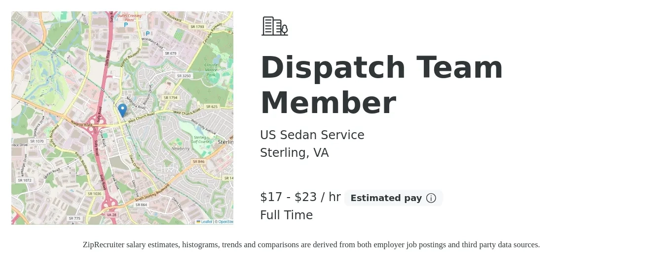 US Sedan Service job posting for a Dispatch Team Member in Sterling, VA with a salary of $18 to $24 Hourly with a map of Sterling location.