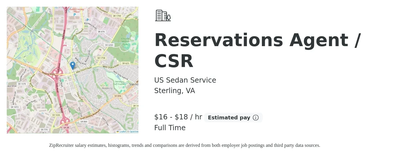 US Sedan Service job posting for a Reservations Agent / CSR in Sterling, VA with a salary of $17 to $19 Hourly with a map of Sterling location.