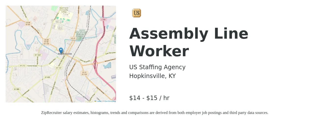 US Staffing Agency job posting for a Assembly Line Worker in Hopkinsville, KY with a salary of $15 to $16 Hourly with a map of Hopkinsville location.
