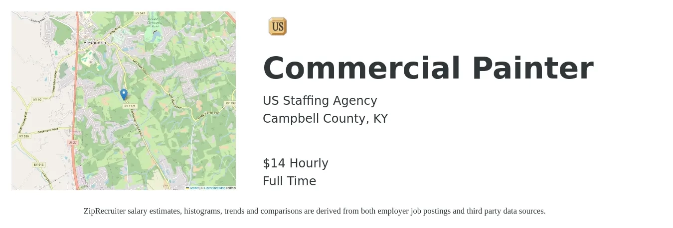 US Staffing Agency job posting for a Commercial Painter in Campbell County, KY with a salary of $15 Hourly with a map of Campbell County location.