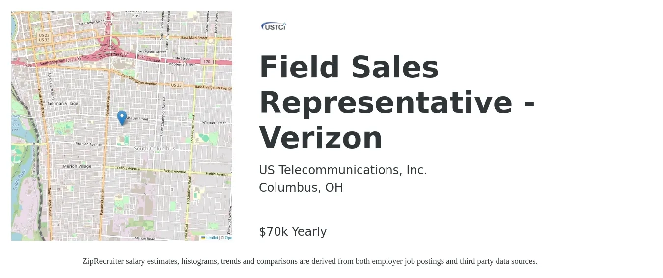 US Telecommunications, Inc. job posting for a Field Sales Representative - Verizon in Columbus, OH with a salary of $70,000 Yearly with a map of Columbus location.