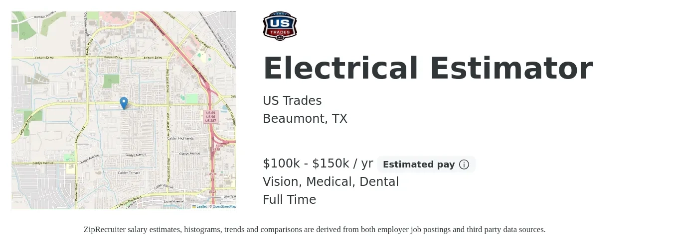 US Trades job posting for a Electrical Estimator in Beaumont, TX with a salary of $100,000 to $150,000 Yearly and benefits including dental, medical, pto, retirement, and vision with a map of Beaumont location.
