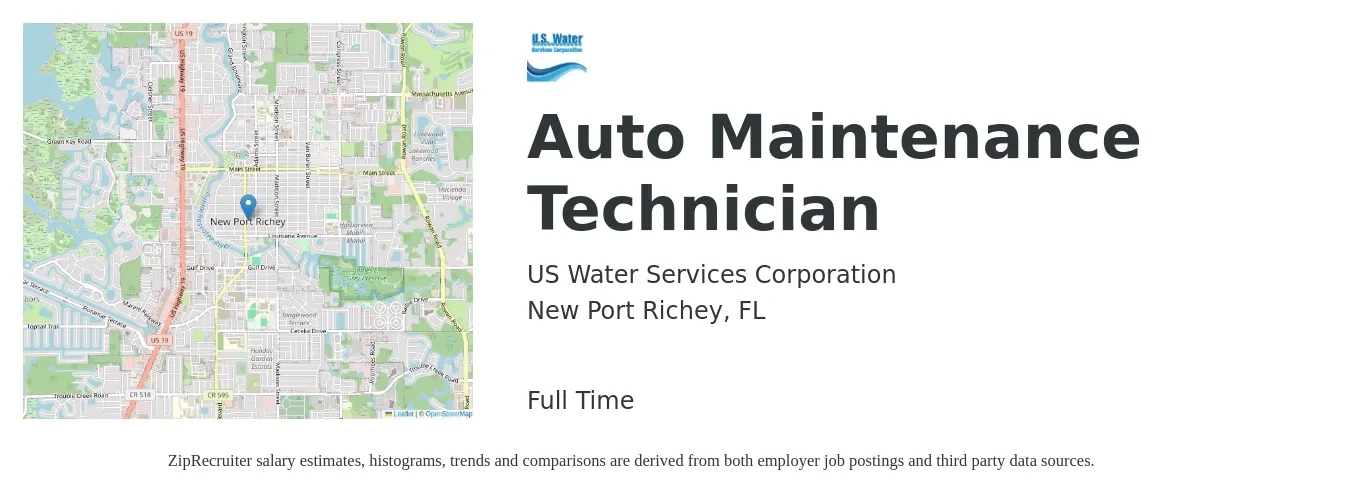 U.S. Water Services Corporation job posting for a Auto Maintenance Technician in New Port Richey, FL with a salary of $16 to $26 Hourly with a map of New Port Richey location.