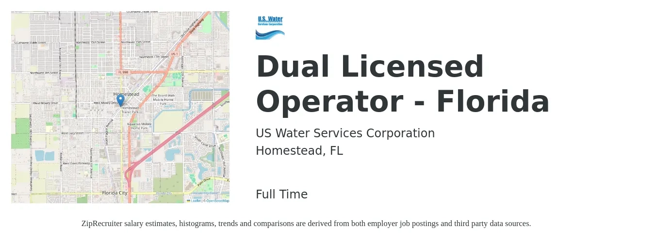 US Water Services Corporation job posting for a Dual Licensed Operator - Florida in Homestead, FL with a salary of $20 to $29 Hourly with a map of Homestead location.