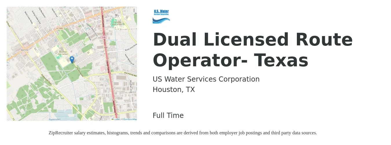 US Water Services Corporation job posting for a Dual Licensed Route Operator- Texas in Houston, TX with a salary of $20 to $30 Hourly with a map of Houston location.