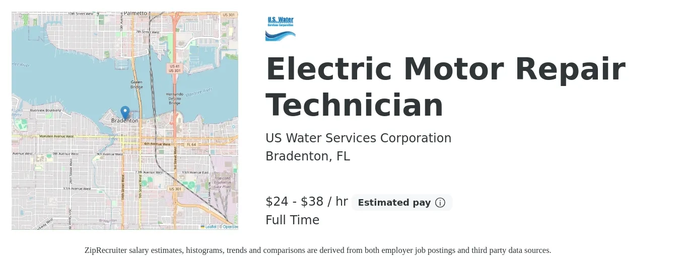 US Water Services Corporation job posting for a Electric Motor Repair Technician in Bradenton, FL with a salary of $25 to $40 Hourly with a map of Bradenton location.