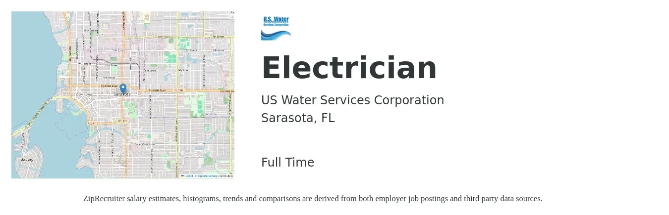 US Water Services Corporation job posting for a Electrician in Sarasota, FL with a salary of $23 to $34 Hourly with a map of Sarasota location.