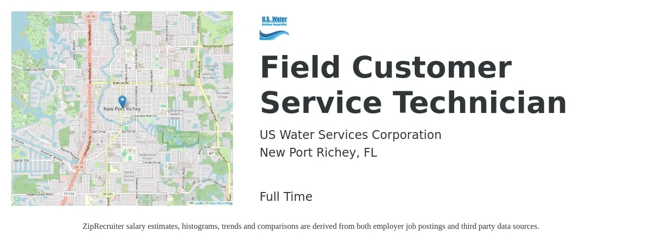 US Water Services Corporation job posting for a Field Customer Service Technician in New Port Richey, FL with a salary of $18 to $26 Hourly with a map of New Port Richey location.