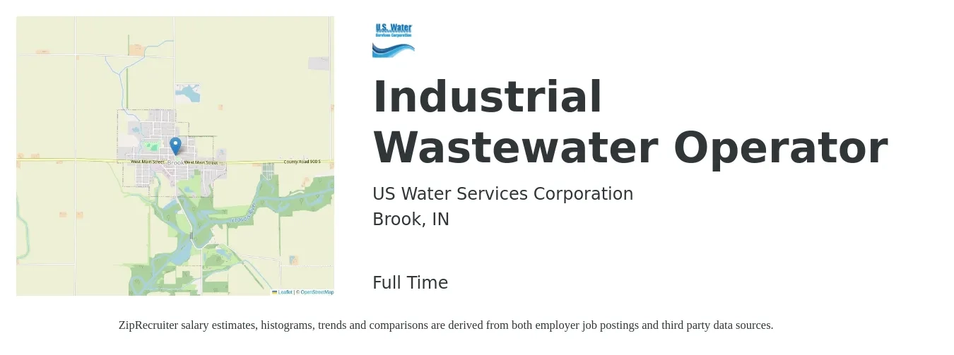 US Water Services Corporation job posting for a Industrial Wastewater Operator in Brook, IN with a salary of $18 to $25 Hourly with a map of Brook location.