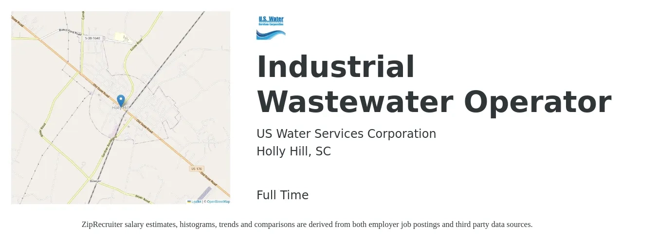 US Water Services Corporation job posting for a Industrial Wastewater Operator in Holly Hill, SC with a salary of $22 to $30 Hourly with a map of Holly Hill location.