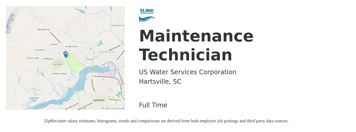 US Water Services Corporation job posting for a Maintenance Technician in Hartsville, SC with a salary of $16 to $23 Hourly with a map of Hartsville location.