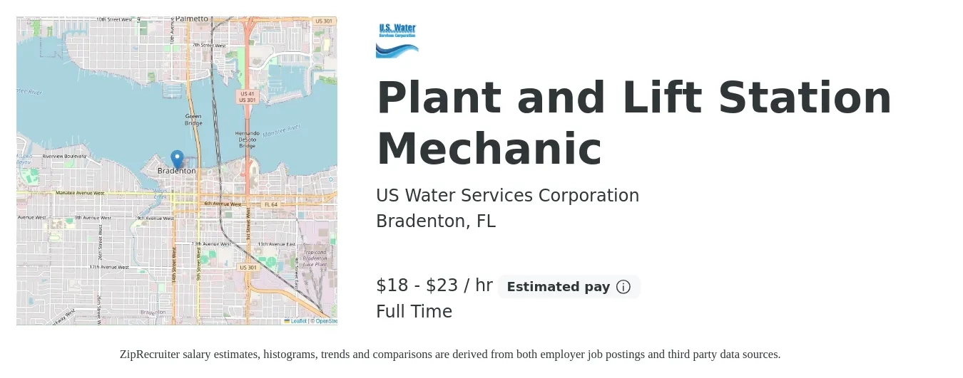 US Water Services Corporation job posting for a Plant and Lift Station Mechanic in Bradenton, FL with a salary of $19 to $24 Hourly with a map of Bradenton location.