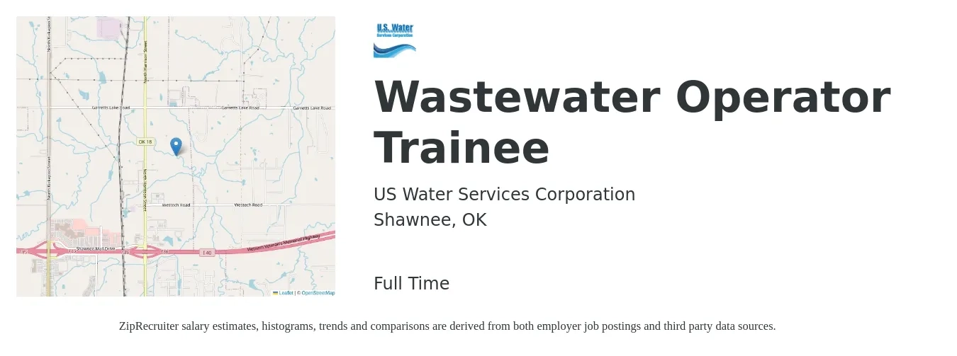 US Water Services Corporation job posting for a Wastewater Operator Trainee in Shawnee, OK with a salary of $19 to $26 Hourly with a map of Shawnee location.